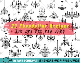 33 Chandelier Silhouette Files, Chandelier Decorative Svg Bundle, Chandelier Clipart, Chandelier Vector, Chandelier Svg Png Jpeg Eps Pdf