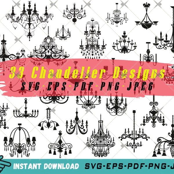 33 Chandelier Silhouette Files, Chandelier Decorative Svg Bundle, Chandelier Clipart, Chandelier Vector, Chandelier Svg Png Jpeg Eps Pdf