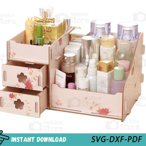 Makeup Organizer Box Laser Cut File, Drawer Cosmetics Storage Pattern, Makeup Organizer Box Svg Dxf Pdf for Glowforge Cnc Cut