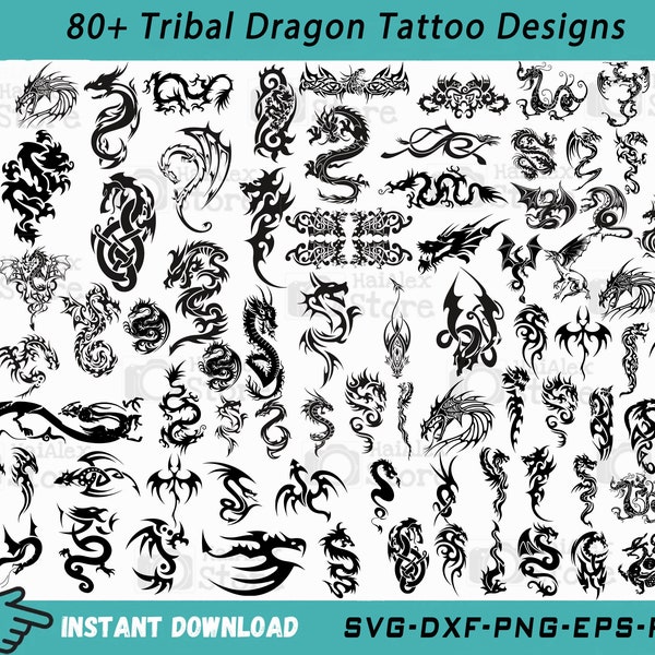 80+ Tribal Dragon Svg Bundle, Tribal Dragon Tattoo Designs, Dragon Silhouette, Dragon Clipart, Dragon Icon, Dragon Logo Svg Png Dxf Eps Pdf