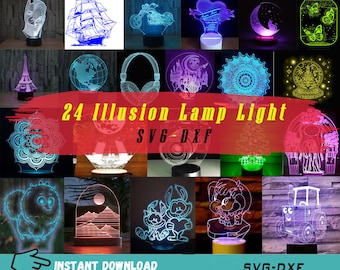 3D Vector Illusion Acrylic Lamp Light Svg Dxf Files Collection, Kid Lamp Light Svg, Night Light Svg Dxf Files for Laser Cut, Cnc Cutting