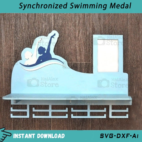 Colgador de medalla de natación sincronizada con marcos de fotos Archivo Svg para corte láser, Colgador de exhibición de medallas de natación Svg Dxf Ai para corte cnc