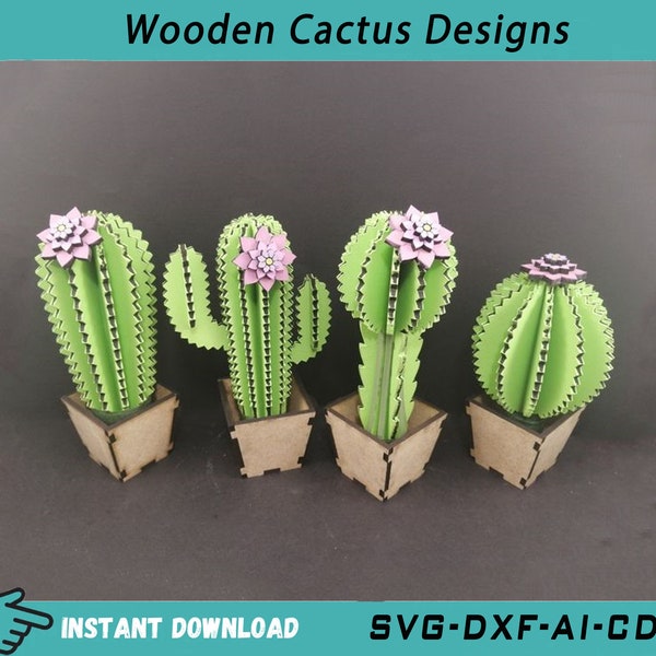 Wooden Cactus Svg Files for Laser Cut, Wood Cactus in Pots Svg, Cactus Pattern, Cactus Svg Dxf Ai for Cnc Cutting, Plywood 3mm