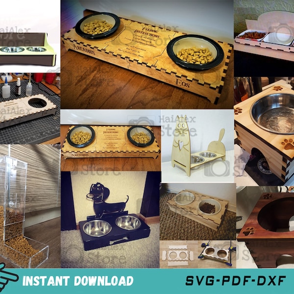 Laser Cut Wooden Cat Dog Bowl Stand, Cat Dog Bowl Stand Svg Dxf Pdf, Cat Dog Bowl Holder Template, Pet Feeder Vector (10 Designs)