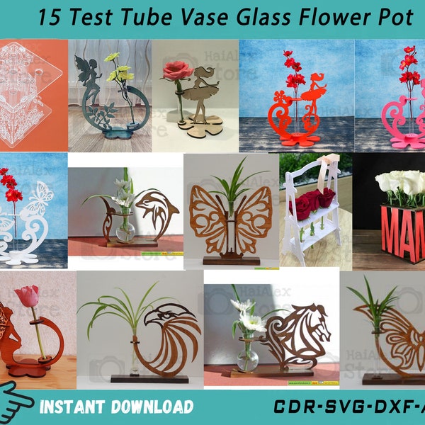 15 Reagenzglas Vase Glas Blumentopf SVG Dateien für Laser Cut, Minimalistische Reagenzglas Vasen, Blumenvasen svg Dxf Cdr Ai Datei für Cnc Schneiden