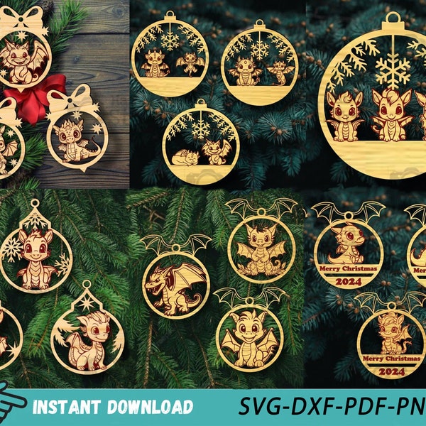 Dragon Christmas Tree Decoration Laser Cut File, Wooden Christmas Balls Ornaments Cut File, New Year Decoration Svg Dxf Pdf Png (16 Designs)