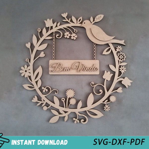 Wooden Bird on Flowers Wreath Decorative Laser Cut File, Bird on Flowers Wreath with Sign Template, Wall Art Decor Cut File, Home Decoration