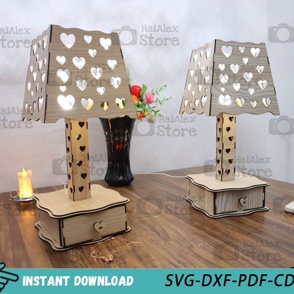 Lasergesneden tafellamp SVG MDF 3mm, Glowforge Lamp Svg-bestand, lampenkap Lasergesneden Dxf Pdf-bestand, houten tafellamp Vector sjabloon nachtverlichting