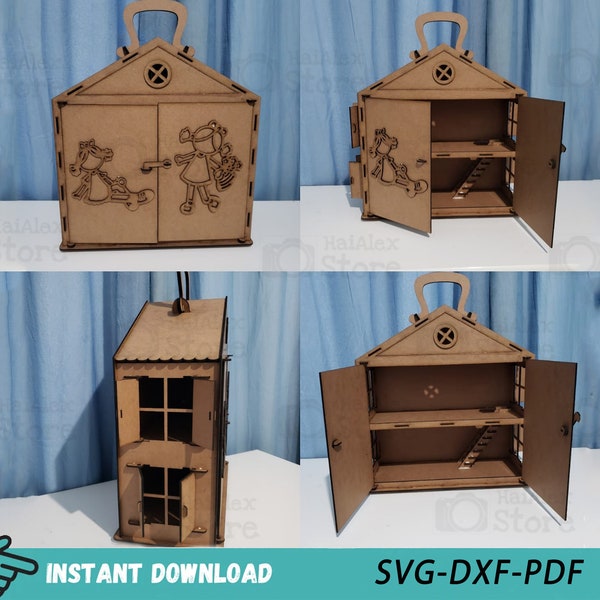 Portable Wooden Dollhouse 3mm Laser Cut Files, Dollhouse 3D Puzzle Pattern, Kid Toy Doll House Svg Dxf Pdf File for Glowforge Cnc Cutting