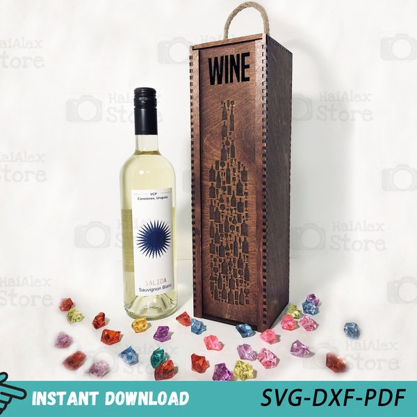 Wooden Wine Bottle Holder with Sliding Lid 3mm Laser Cut Files, Christmas Wine Bottle Holder Svg Dxf Pdf Cdr for Glowforge Cnc Cutting