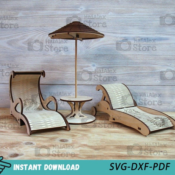 Chaises longues en bois avec parapluie découpé au laser, modèle de meubles de maison de poupée, vecteur de meubles de maison de poupée miniature, accessoires de maison de poupée