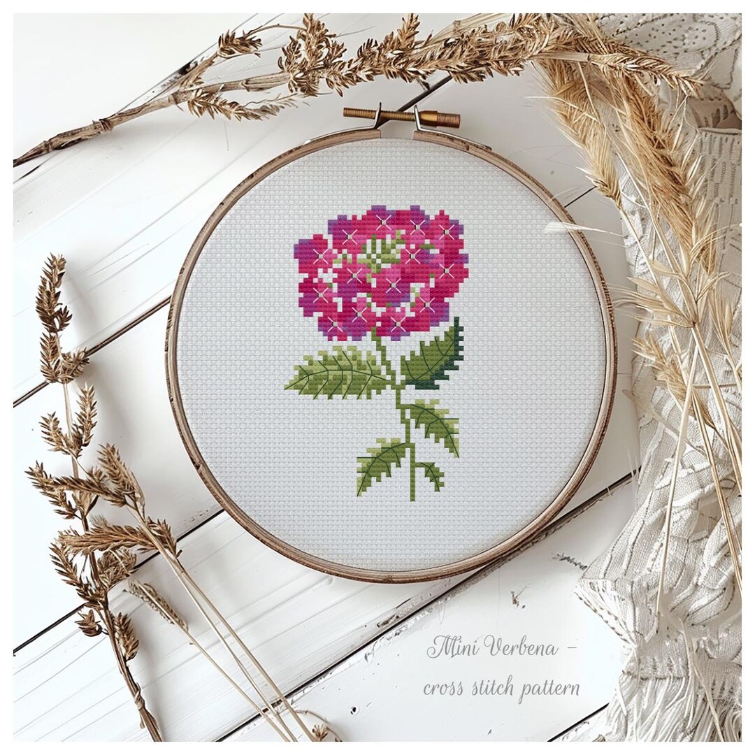 Floral Cross Stitch, Verbena Flower, Botanical Embroidery, Plant