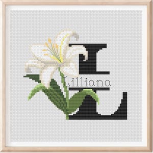Patrón de punto de cruz del alfabeto Letra L Lirio blanco Solo letra L Nombres personalizados Alfabeto contable Patrón PDF Digital Moderno Inicial Lirio