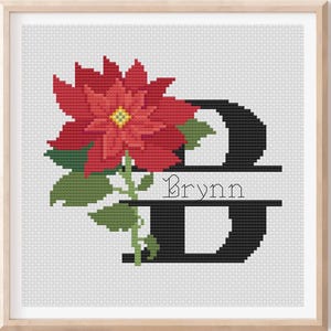 Op de afbeelding: Kruissteekkunst met een rode poinsettia-bloem en de letter "D" in zwart. De naam "Brynn" wordt in witte letters weergegeven. Het kunstwerk is ingelijst in een licht houten frame.