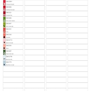 May include: A thread sorter chart labeled "Thread Sorter Strawberries.chart." The chart features rows of color swatches with corresponding DMC thread numbers and names, including shades of red, green, and blue.