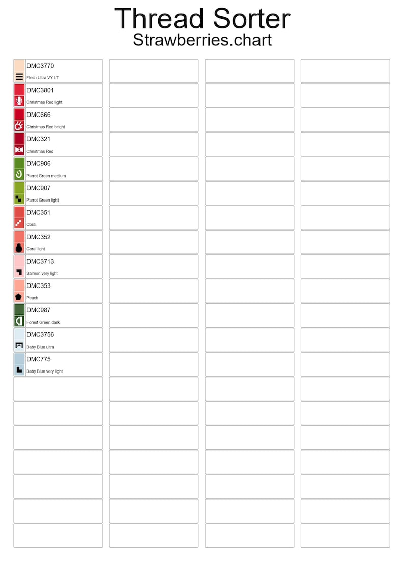 May include: A thread sorter chart labeled "Thread Sorter Strawberries.chart." The chart features rows of color swatches with corresponding DMC thread numbers and names, including shades of red, green, and blue.