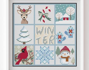 Winter Cross stitch pattern Seasons cross stitch Deer pattern Cardinal Bird Snowman Winter tree Candy cane Snowflake Glove DIY Home decor