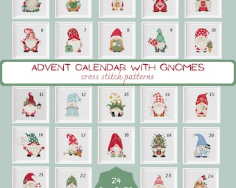 Gnome Cross stitch pattern: Advent Calendar gnomes, Christmas style, Big package (PDF Digital download)