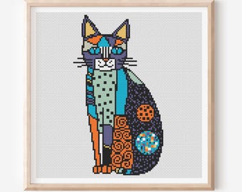Schema punto croce gatto patchwork, ricamo gattino moderno (PDF)