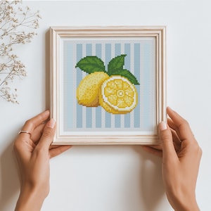 May include: A framed cross-stitch artwork featuring two lemons with green leaves against a light blue and white striped background. The lemons are yellow, with one cut in half to reveal the inner segments. The frame is a light wood color.