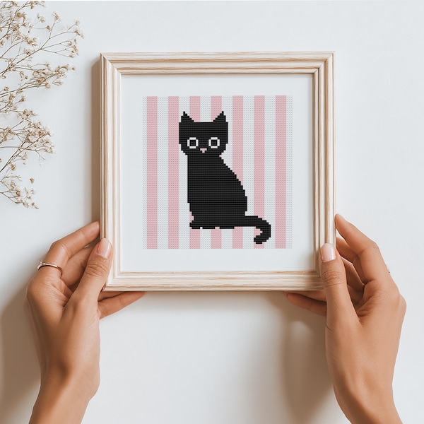 Black Cat Cross Stitch Pattern: Striped Design easy counted chart, 5x5 inches (PDF pattern)