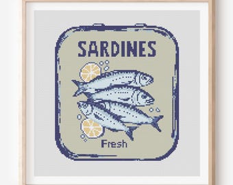 Sardines Can Cross Stitch, Sardine Food Art, Fish Can, Modern embroidery (PDF pattern)