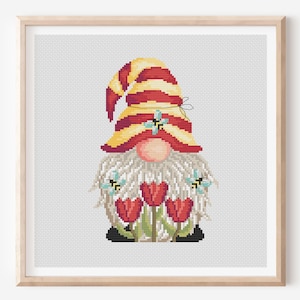 Gnome Cross stitch pattern Spring garden gnome 2 Tulip flower Home decor PDF pattern Digital embroidery Beginner cross stitch Easy pattern