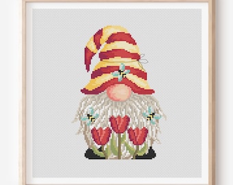 Gnome Cross Stitch Pattern: Spring Tulip Garden (PDF Pattern)