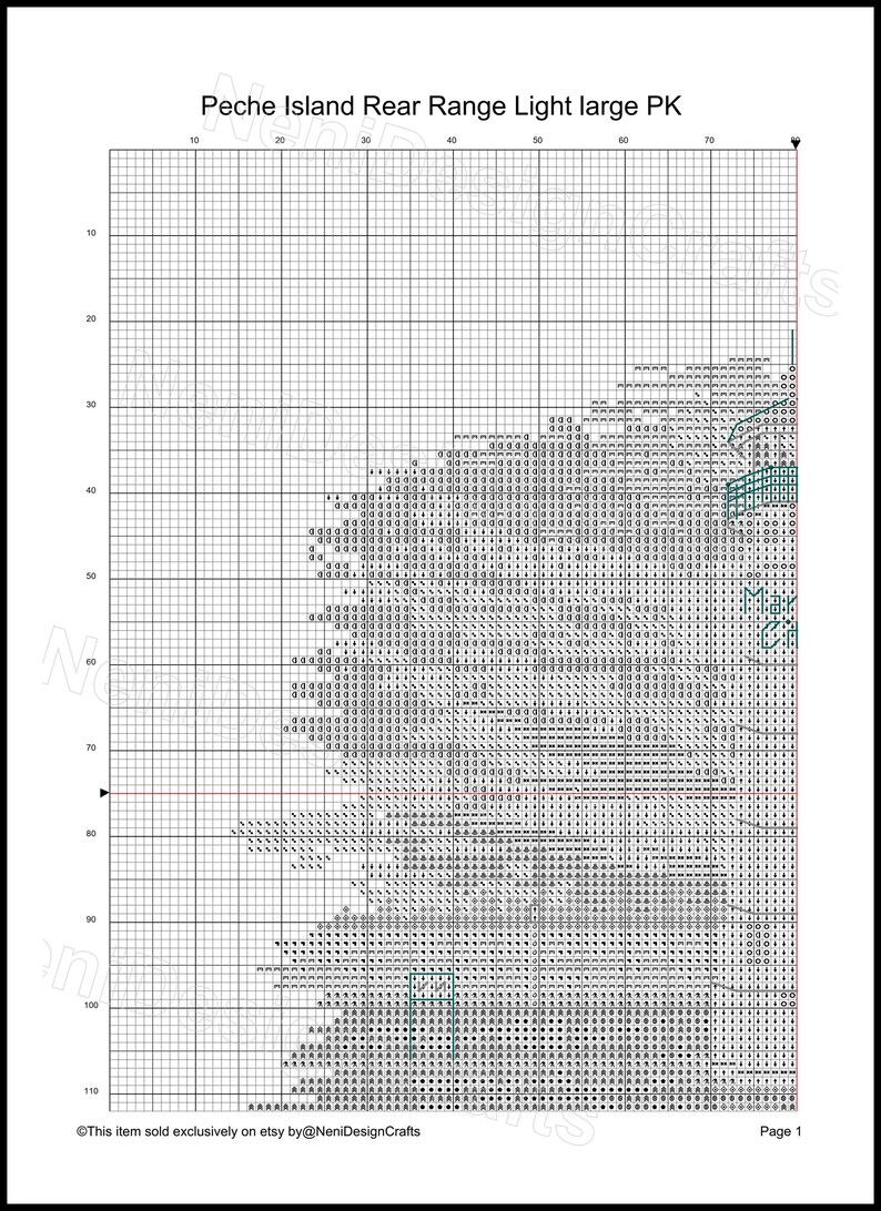 Peut inclure: Mod&egrave;le de point de croix noir et blanc pour un phare. Le motif est sur une grille avec des num&eacute;ros sur les c&ocirc;t&eacute;s. Le titre "Peche Island Rear Range Light large PK" est en haut du motif.