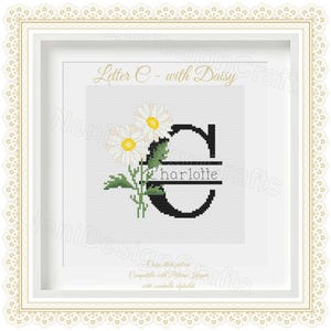 Letra C con margarita Patrón de punto de cruz Nombres personalizables Patrón contable Nombre del alfabeto Punto de cruz Decoración del hogar Regalos florales personales