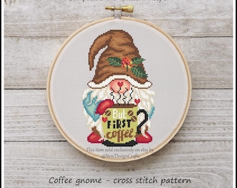 Coffee Gnome Cross Stitch, Gnome lovers, Kitchen decor (PDF pattern)