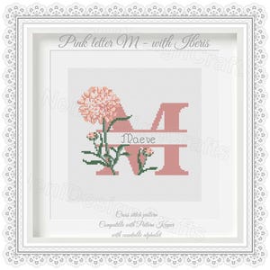 Letra M rosa Patrón de punto de cruz Nombres personalizables Alfabeto contable Punto de cruz del alfabeto Punto de cruz de nombres Decoración del hogar Regalos personales