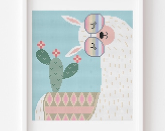 Kruissteekpatroon moderne dieren, zonnebril lama, pasteldecor, cadeau grappige dieren (pdf)