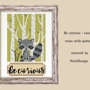 Be corious Raccoon Cross stitch pattern Raccoon cross stitch Kids room decoration Forest animal cross stitch Animal DIY animal Nursery decor