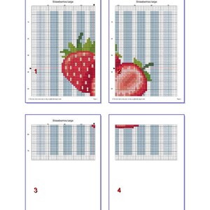 May include: Four pages of cross-stitch patterns. The first two pages show a large strawberry design with a striped background. The other two pages show the pattern's grid. The text "Strawberries large" is at the top of each page.