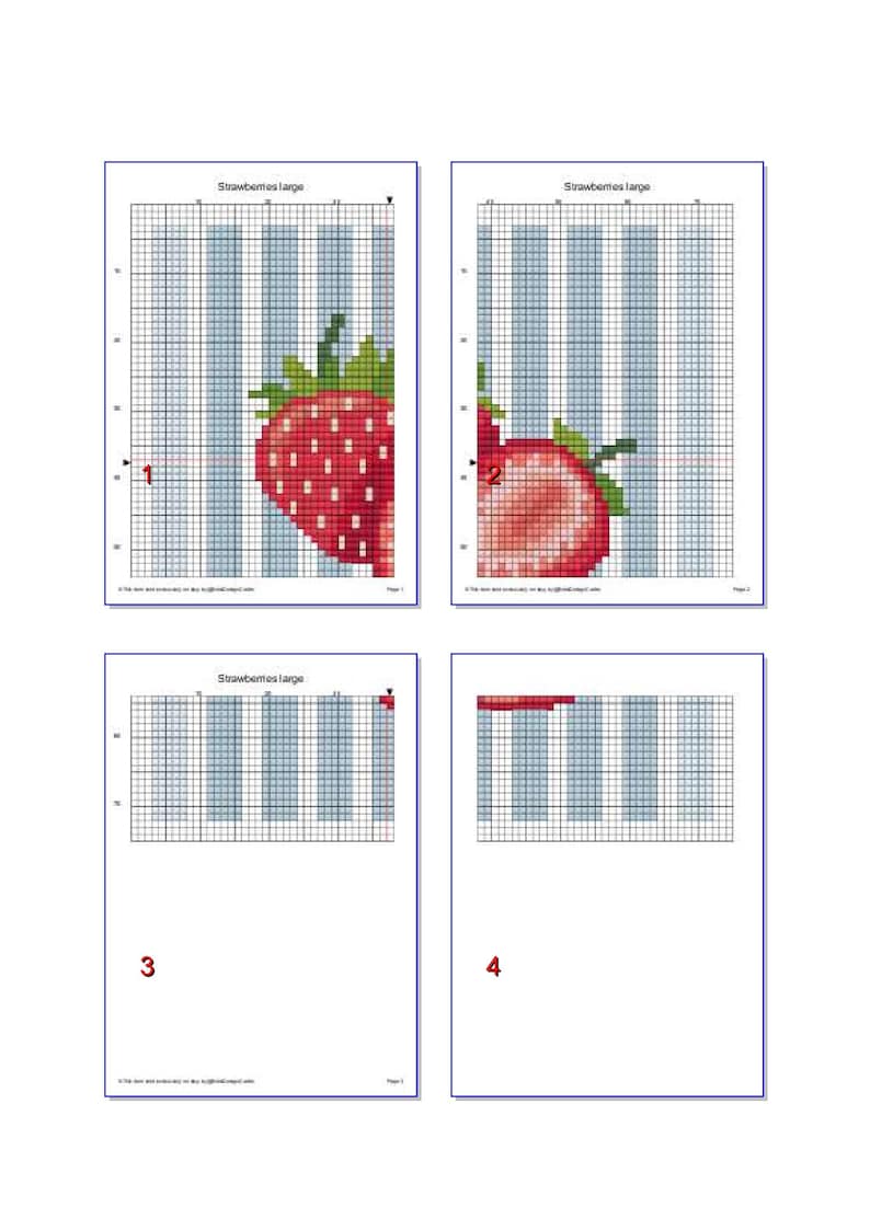 May include: Four pages of cross-stitch patterns. The first two pages show a large strawberry design with a striped background. The other two pages show the pattern's grid. The text "Strawberries large" is at the top of each page.