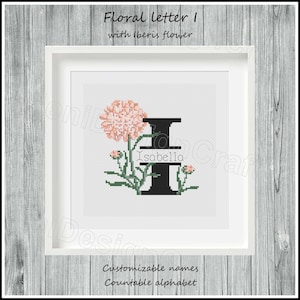 Letra I floral Patrón de punto de cruz Nombres personalizables Alfabeto contable Punto de cruz del alfabeto Punto de cruz de nombres Decoración del hogar Decoración de pared