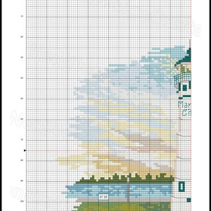 Peut inclure: Mod&egrave;le de point de croix pour un phare avec un ciel bleu, des nuages jaunes et de l'eau verte. Le motif est sur une grille avec des num&eacute;ros sur les c&ocirc;t&eacute;s. Le texte "Peche Island Rear Range Light large PK" est en haut du motif.