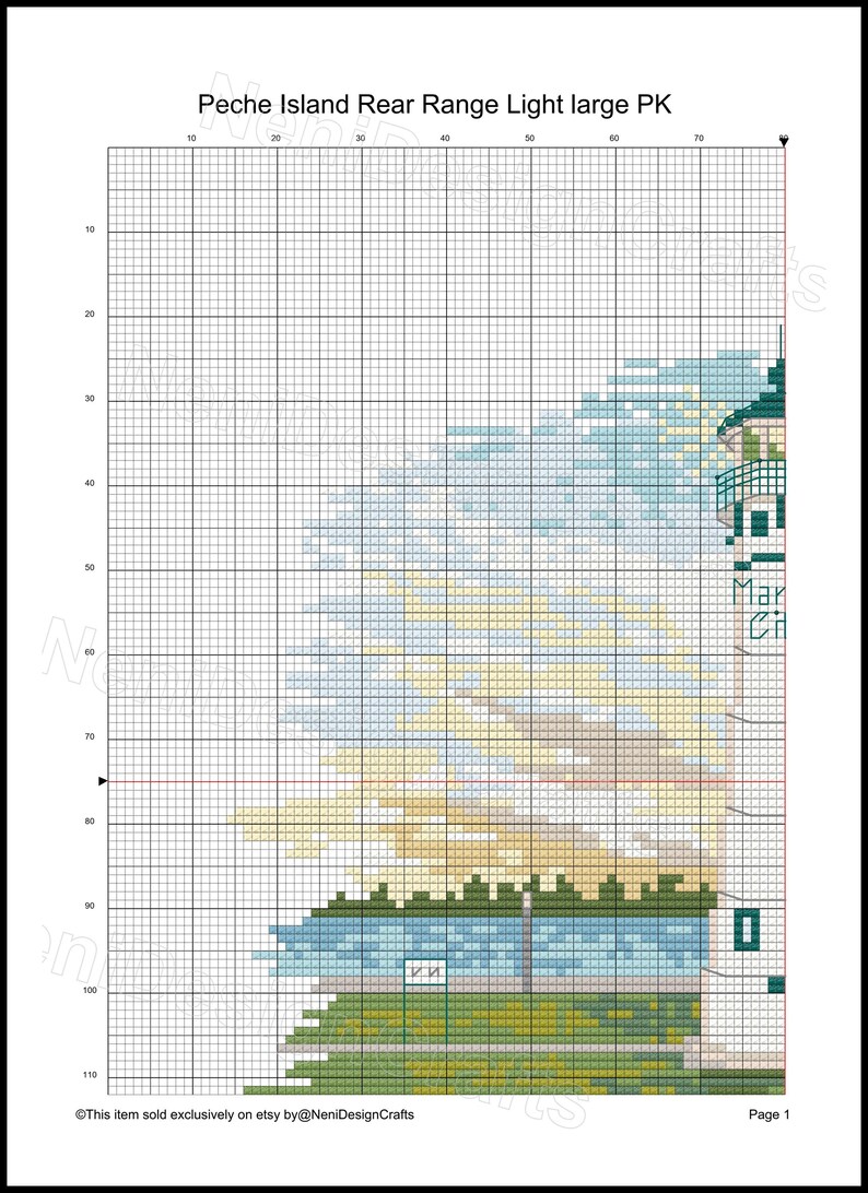 Peut inclure: Mod&egrave;le de point de croix pour un phare avec un ciel bleu, des nuages jaunes et de l'eau verte. Le motif est sur une grille avec des num&eacute;ros sur les c&ocirc;t&eacute;s. Le texte "Peche Island Rear Range Light large PK" est en haut du motif.