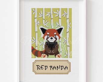 Schema punto croce panda rosso, ricamo animale della giungla (schema PDF)