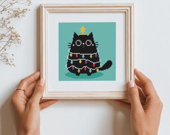 Kruissteekpatroon zwarte kat, kerst moderne dieren, handborduurwerk, cadeau kattenliefhebber (pdf)