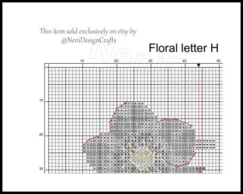 K&ouml;nnte beinhalten: Schwarzwei&szlig;es Kreuzstichmuster f&uuml;r den Buchstaben H, gestaltet wie eine Blume. Das Muster befindet sich auf einem Gitter mit Zahlen oben und an der Seite.