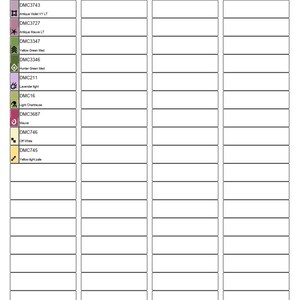 K&ouml;nnte beinhalten: Ein Faden-Sortierschema mit DMC-Fadenfarben und -Nummern. Das Schema ist mit "Thread Sorter" und "Floral letter H PK" beschriftet.