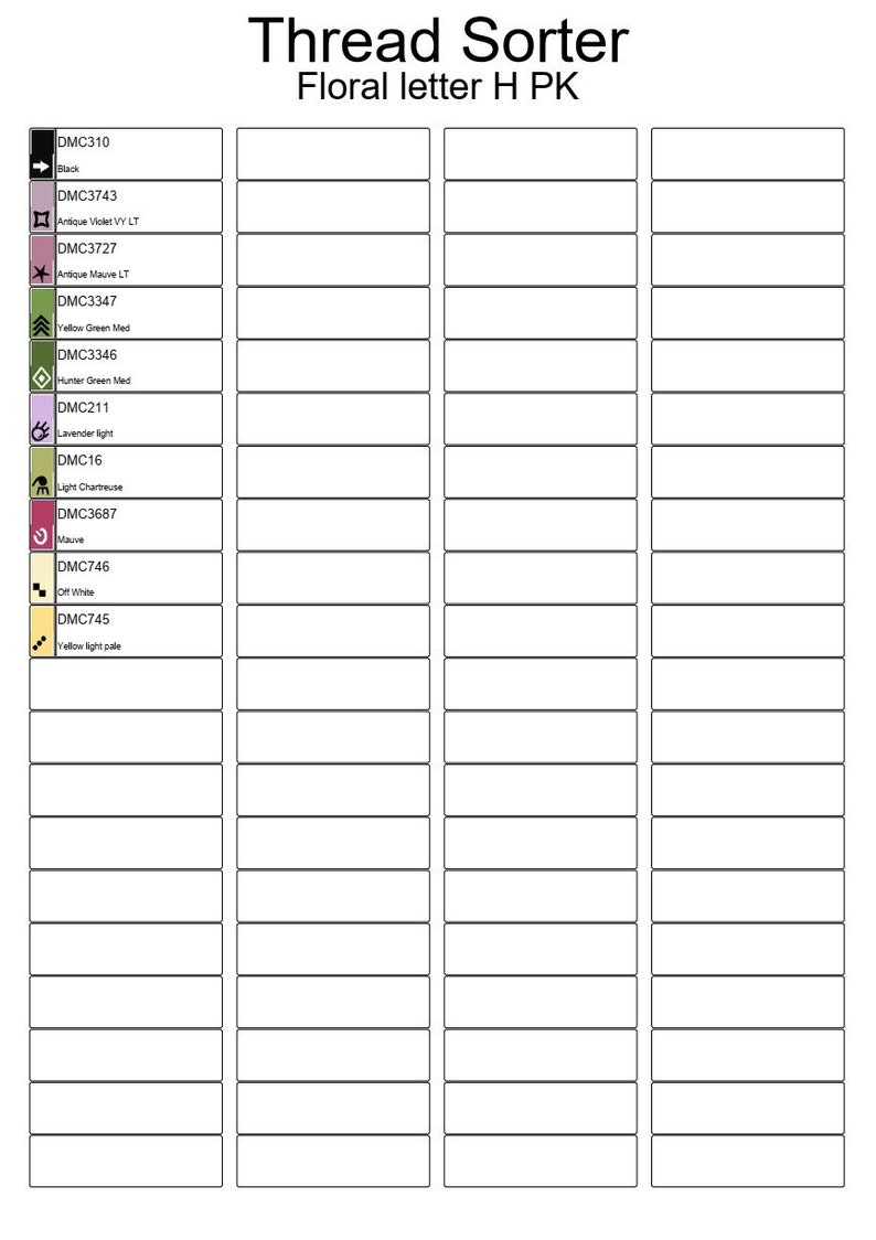 K&ouml;nnte beinhalten: Ein Faden-Sortierschema mit DMC-Fadenfarben und -Nummern. Das Schema ist mit "Thread Sorter" und "Floral letter H PK" beschriftet.