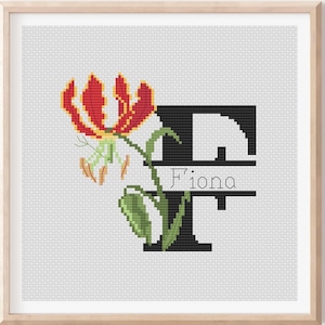 Patrón de punto de cruz del alfabeto Letra F floral Nombres personalizables Alfabeto contable Solo patrón PDF de la letra F Descarga digital Arte moderno