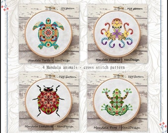 Kruissteekpatroon mandala dieren: lieveheersbeestje, kikker, octopus, schildpad (pdf-patroon)