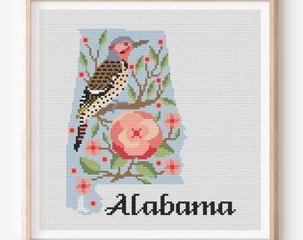 Kruissteekpatroon Alabama | Noordelijke specht, cameliabloem (PDF-download)
