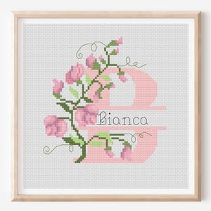 Patrón de punto de cruz de la letra B, alfabeto floral Sweetpea (patrón en PDF)