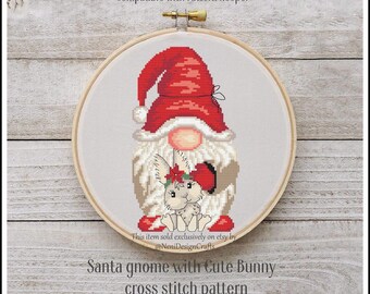 Patrón de punto de cruz de gnomo y conejito de Papá Noel (descarga digital)