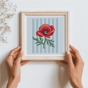 May include: A framed cross-stitch of a red poppy flower with green leaves, set against a light blue and white striped background. The artwork is in a light wooden frame. The image is held by two hands.